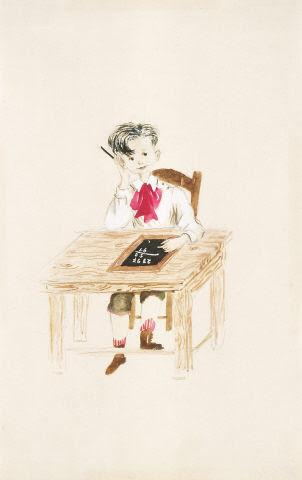 Desenho de Ofélia Marques imaginando o menino Bento de Jesus Caraça nos bancos de escola 