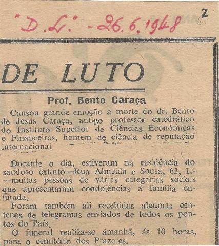 Anúncio falecimento de Bento de Jesus Caraça