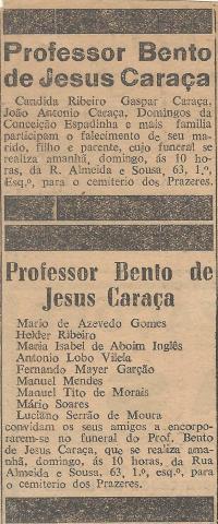 Anúncio falecimento de Bento de Jesus Caraça