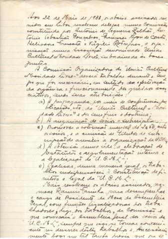 Primeira página da Acta de constituição da "União Cultural «Mocidade Livre»" 