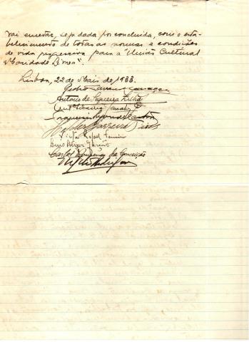 Segunda página da Acta de constituição da "União Cultural «Mocidade Livre»" 