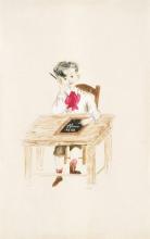 Desenho de Ofélia Marques imaginando o menino Bento de Jesus Caraça nos bancos de escola 